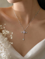 Sawaaro Heart Feathers Pendant Necklace – Silver Angel Wing & Pink Crystal Drop