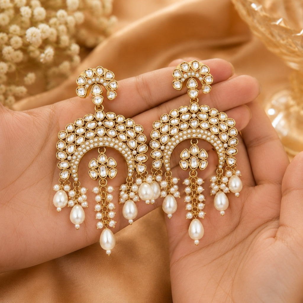 Premium Kundan Pearl Chandbali Earrings for Women |Ethnic Wedding Party Earrings