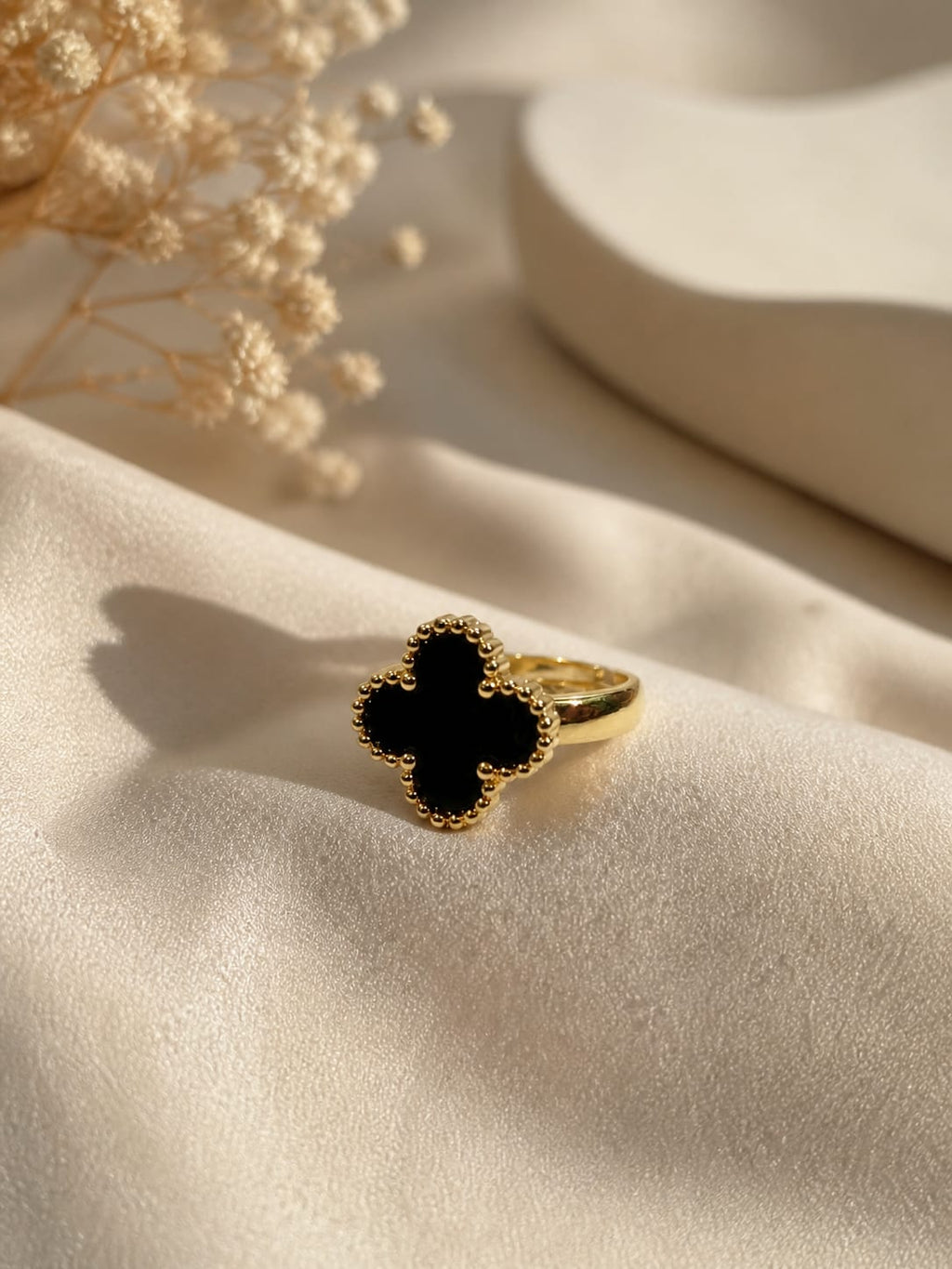 Swaaaro Black Clover Adjustable 18K Gold Plated Ring | Anti Tarnish Korean Ring for Women & Girls