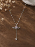 Sawaaro Heart Feathers Pendant Necklace – Silver Angel Wing & Pink Crystal Drop