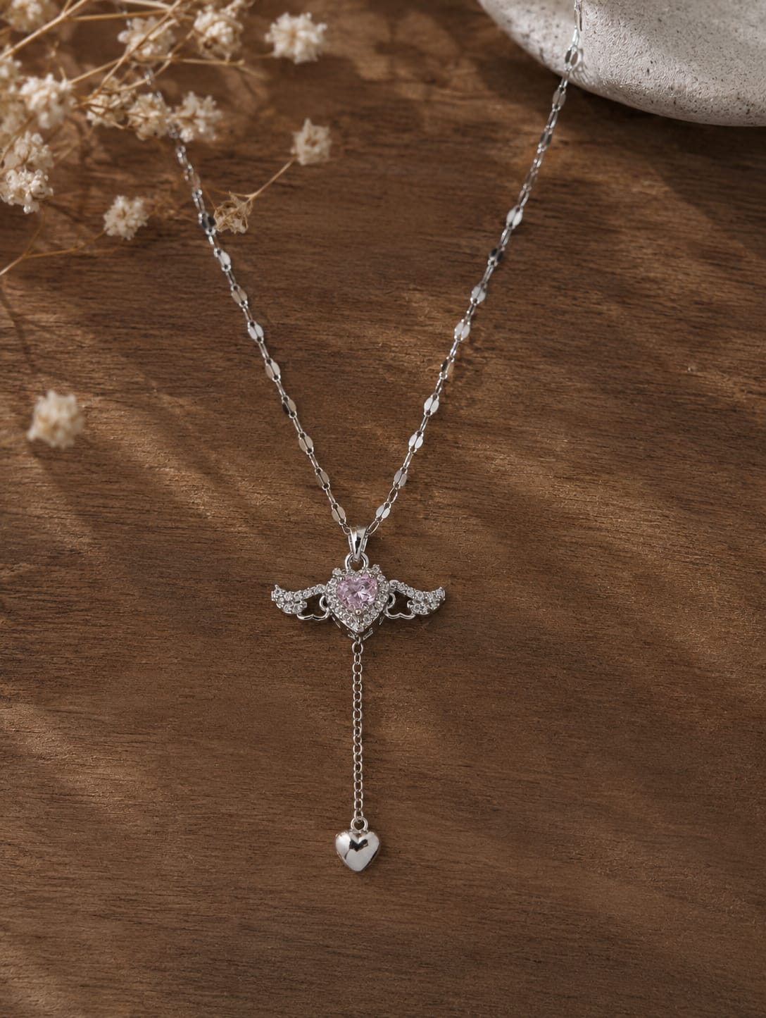 Sawaaro Heart Feathers Pendant Necklace – Silver Angel Wing & Pink Crystal Drop