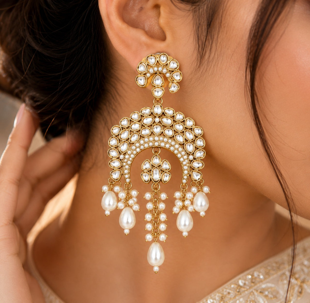 Premium Kundan Pearl Chandbali Earrings for Women |Ethnic Wedding Party Earrings