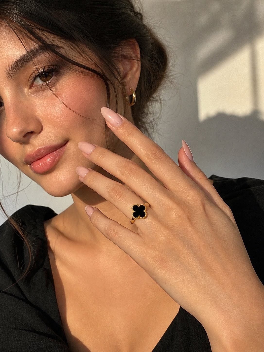 Swaaaro Black Clover Adjustable 18K Gold Plated Ring | Anti Tarnish Korean Ring for Women & Girls