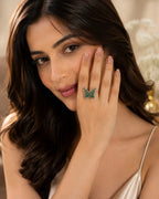 Swaaro Emerald Green Butterfly Silver Plated Ring – Adjustable Crystal Ring for Women