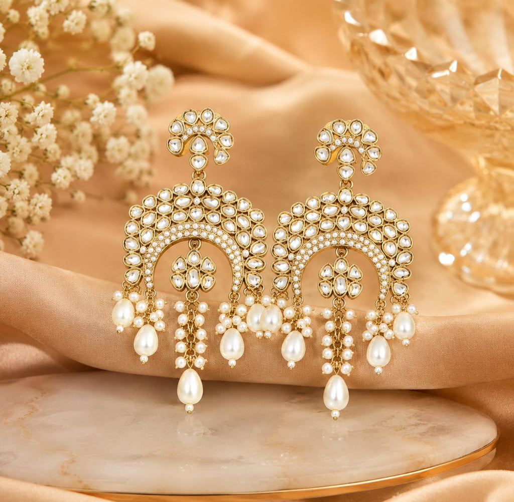 Premium Kundan Pearl Chandbali Earrings for Women |Ethnic Wedding Party Earrings