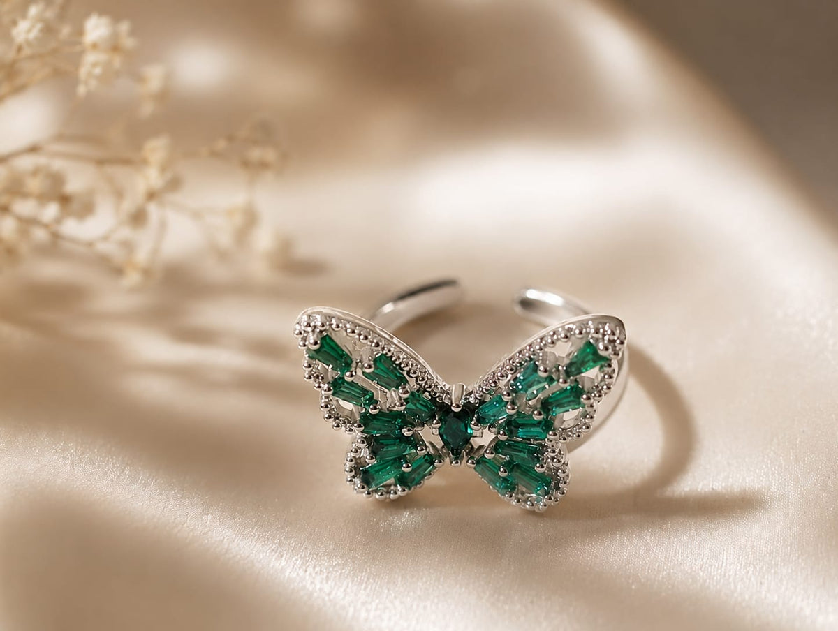 Swaaro Emerald Green Butterfly Silver Plated Ring – Adjustable Crystal Ring for Women