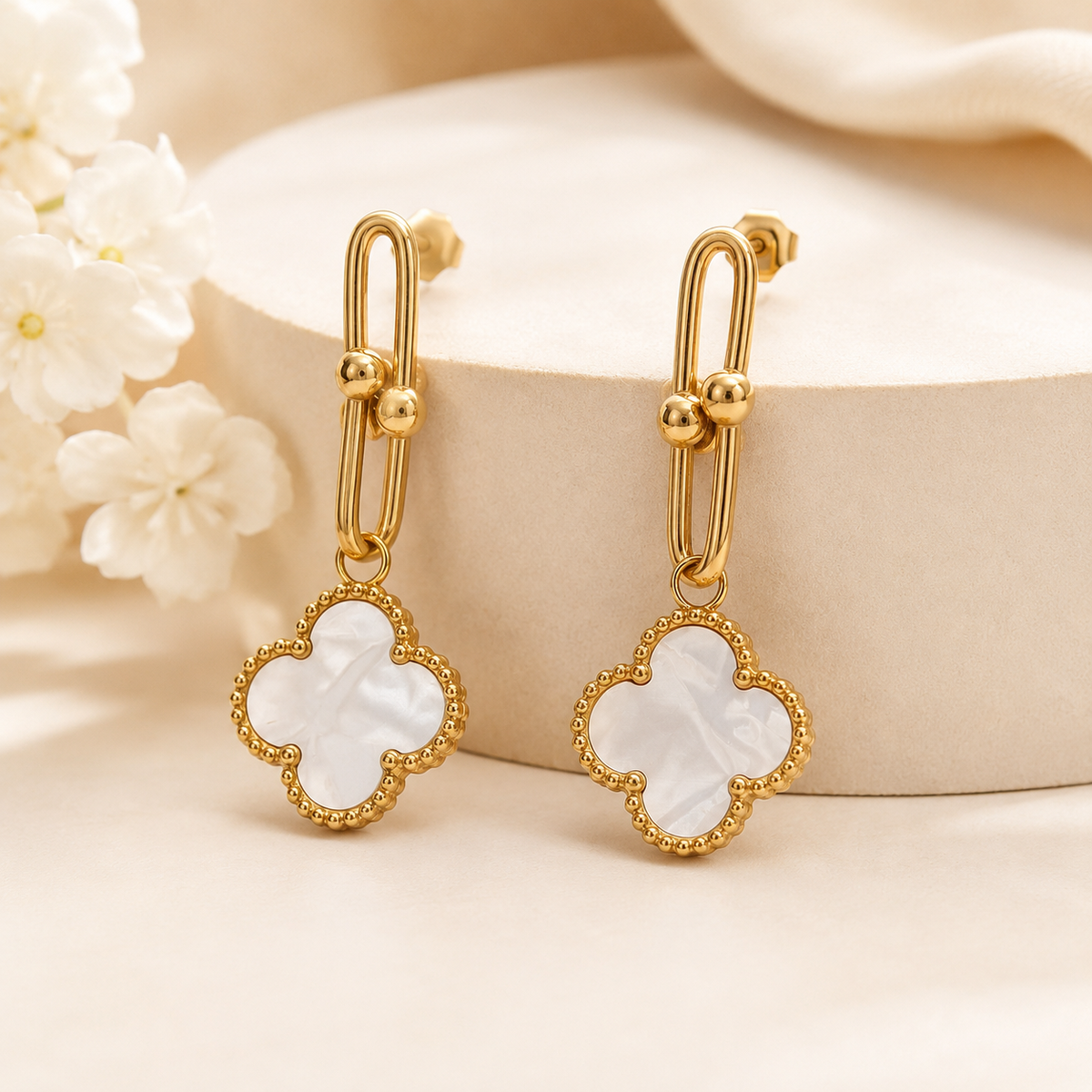 18K Gold White Clover Drop Earrings for Women | Elegant Dangle Fashion Jewelry