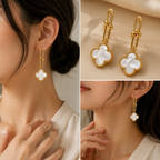 18K Gold White Clover Drop Earrings for Women | Elegant Dangle Fashion Jewelry