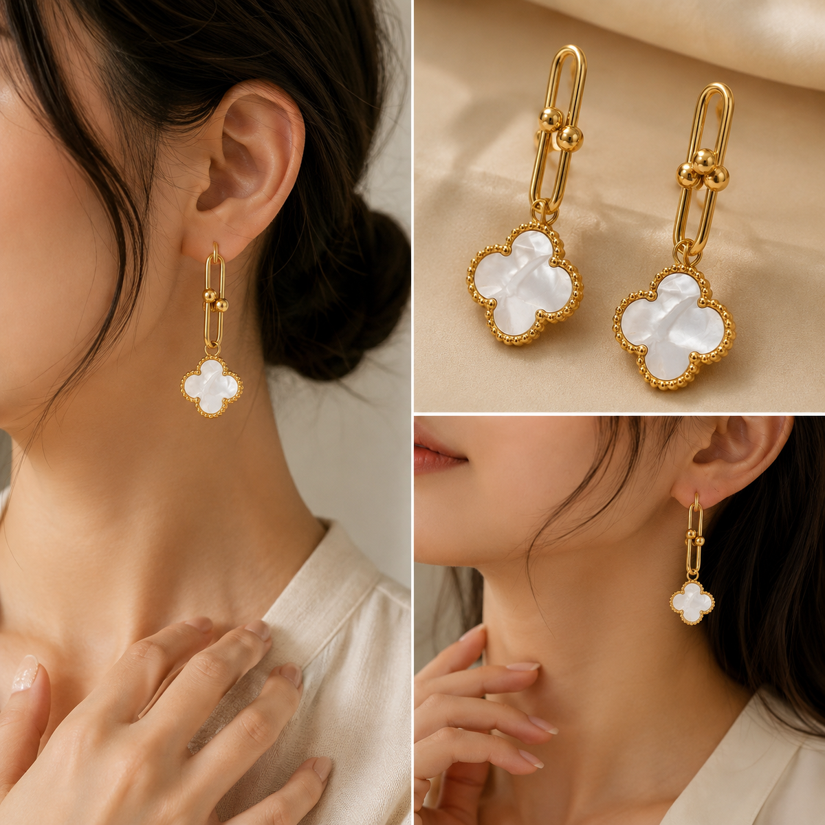 18K Gold White Clover Drop Earrings for Women | Elegant Dangle Fashion Jewelry