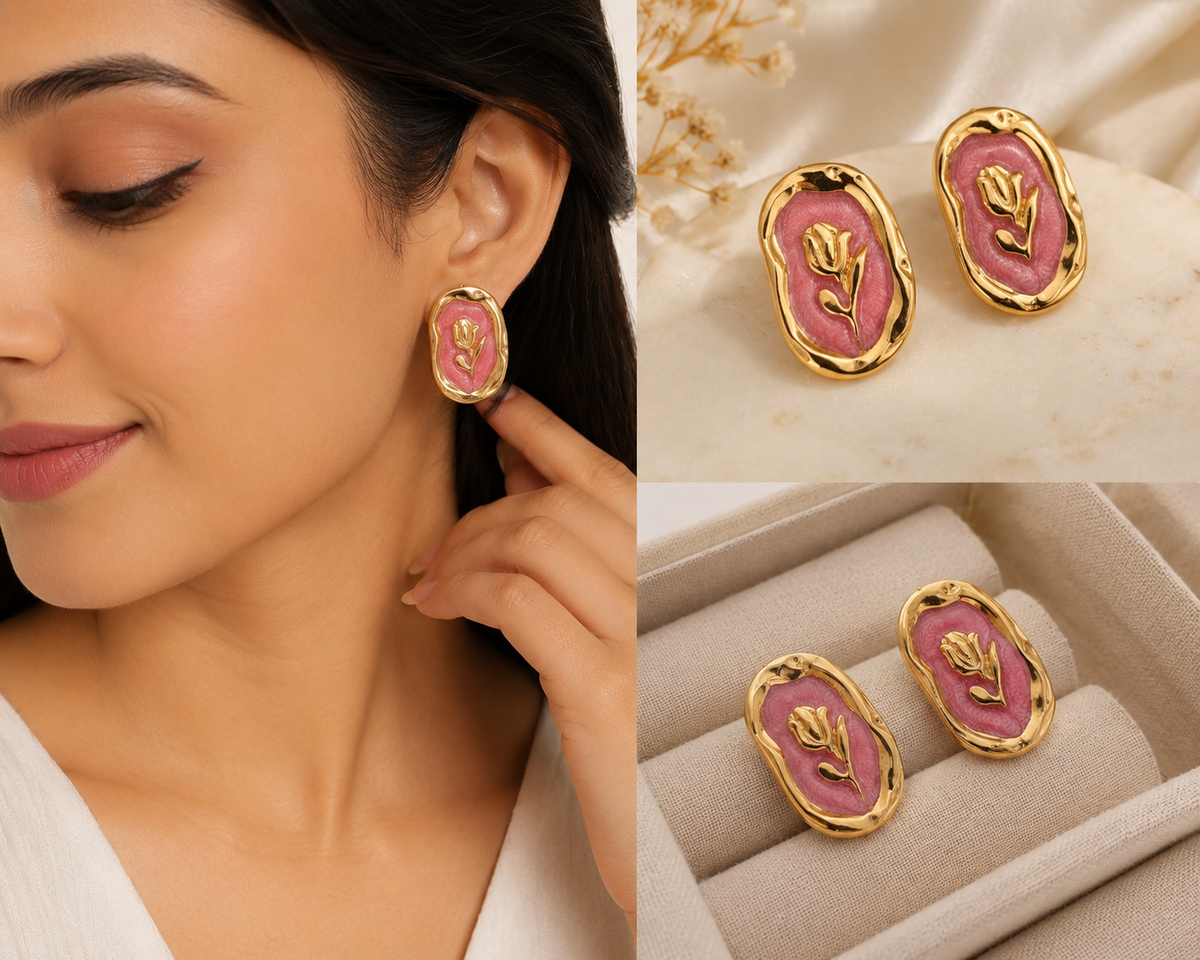 18K Gold Plated Pink Floral Enamel Stud Earrings for Women | Elegant Oval Statement Earrings