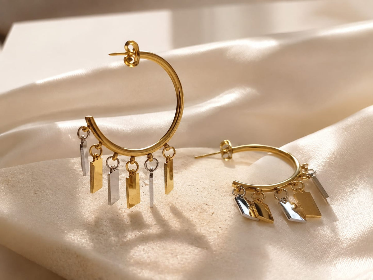 Gold Two-Tone Charm Hoop Earrings for Women | Minimalist Geometric Dangle Earrings | Lightweight Fashion Jewelry Gift