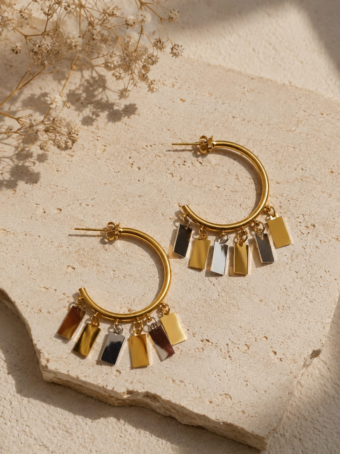 Gold Two-Tone Charm Hoop Earrings for Women | Minimalist Geometric Dangle Earrings | Lightweight Fashion Jewelry Gift