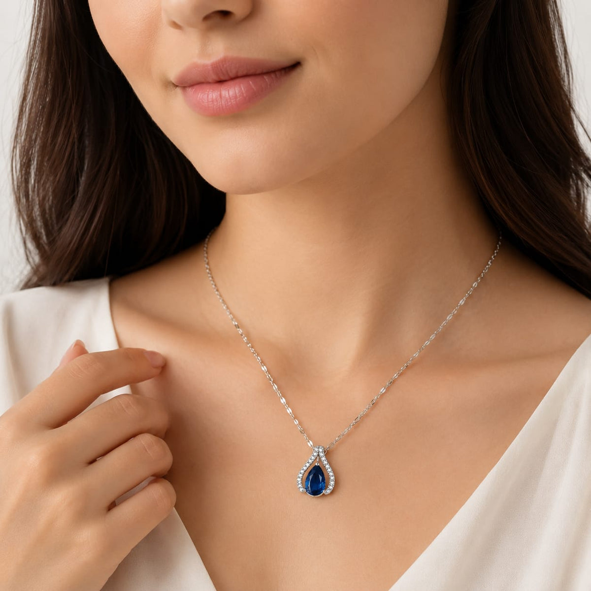 Sterling Silver Plated Blue Sapphire Teardrop Pendant Necklace for Women | Cubic Zirconia Elegant Necklace Gift