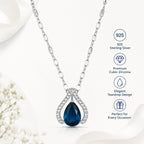 Sterling Silver Plated Blue Sapphire Teardrop Pendant Necklace for Women | Cubic Zirconia Elegant Necklace Gift