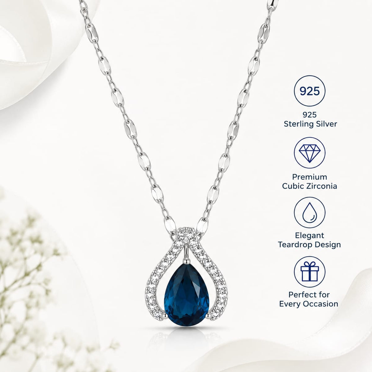 Sterling Silver Plated Blue Sapphire Teardrop Pendant Necklace for Women | Cubic Zirconia Elegant Necklace Gift