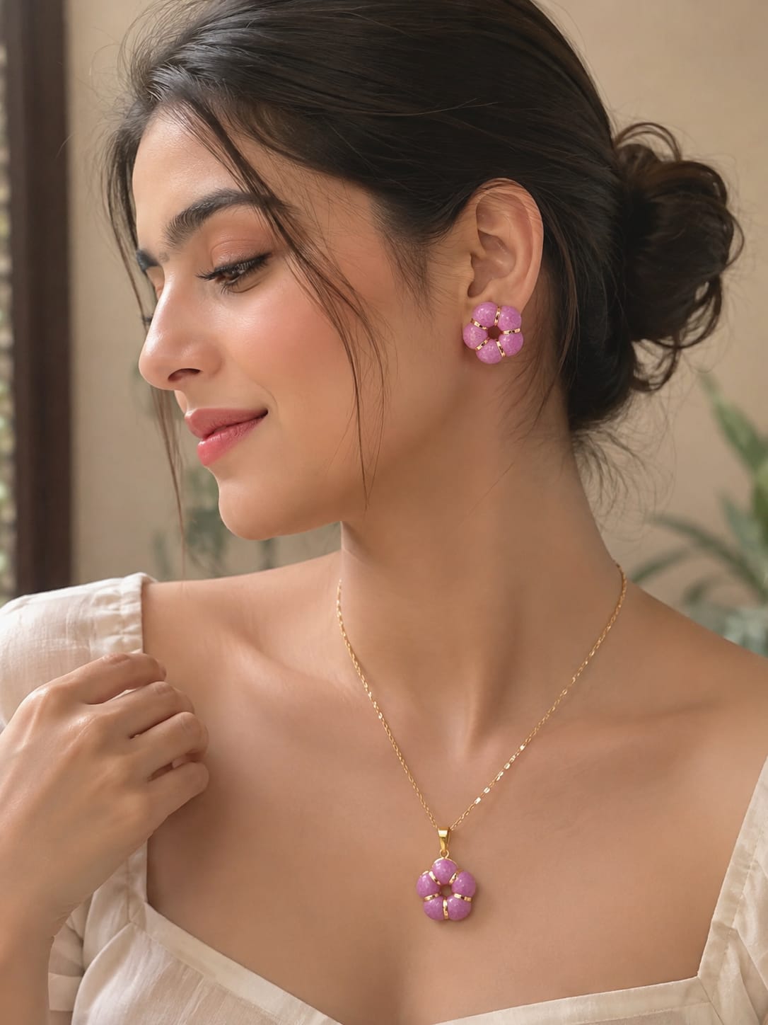 Premium Purple Flower Pendant Necklace & Stud Earrings Set for Women |18K Gold Plated Floral Jewelry