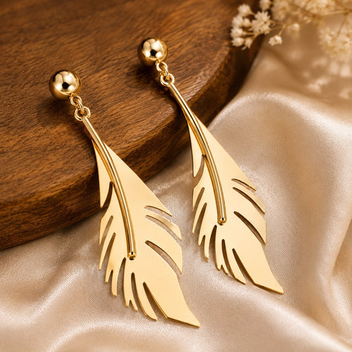 18K Gold Plated Feather Drop Earrings for Women | Elegant Lightweight Dangle