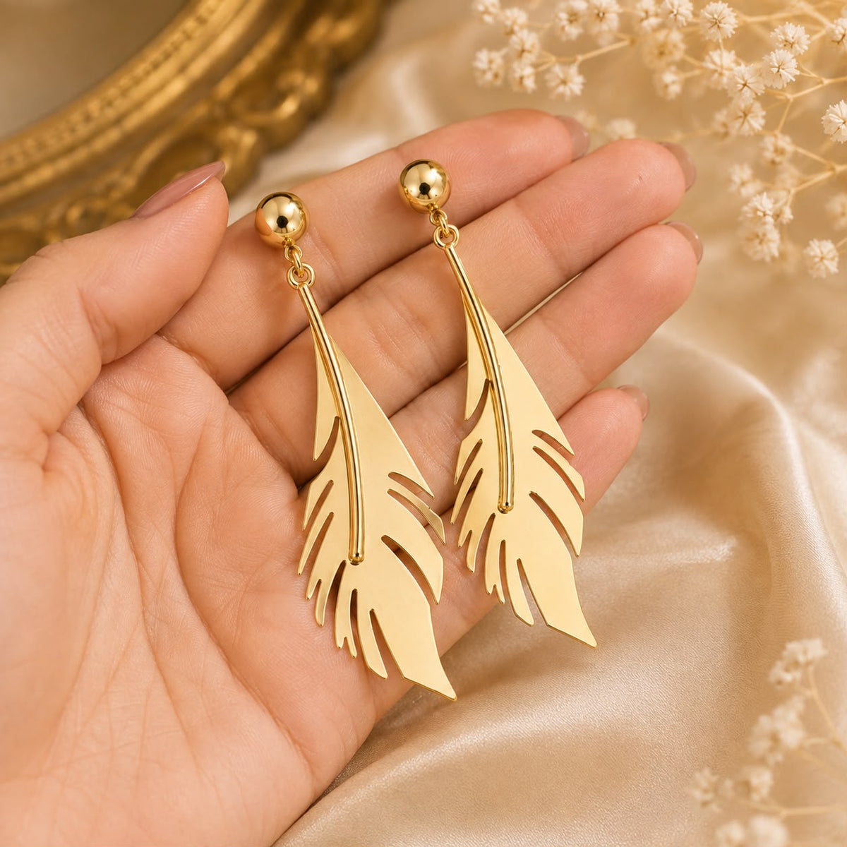 18K Gold Plated Feather Drop Earrings for Women | Elegant Lightweight Dangle