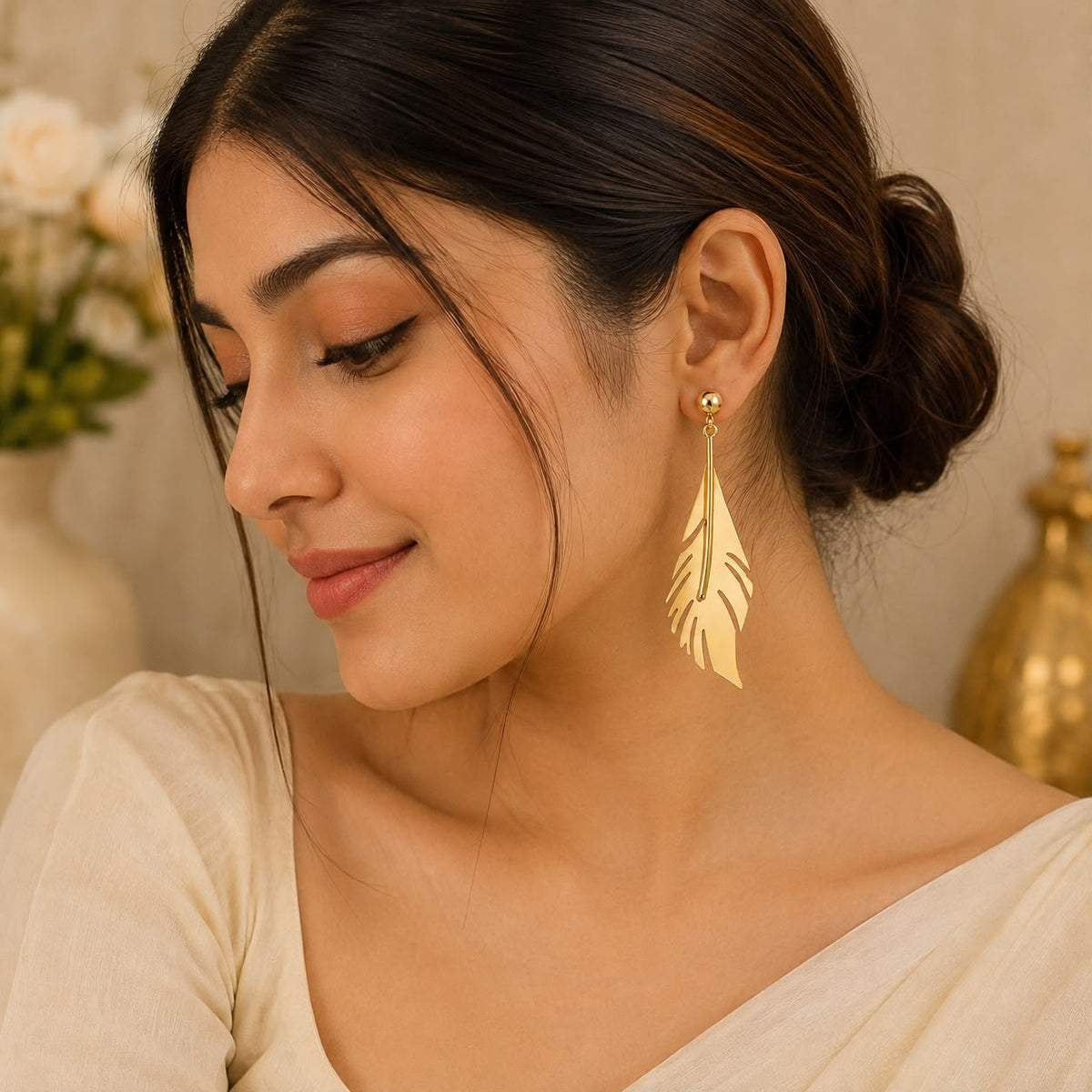 18K Gold Plated Feather Drop Earrings for Women | Elegant Lightweight Dangle