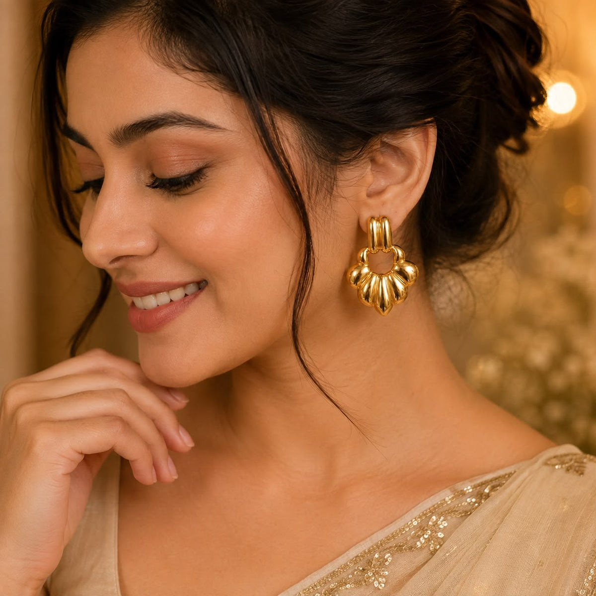 18K Gold Plated Floral Hoop Earrings for Women | Elegant Statement Earrings