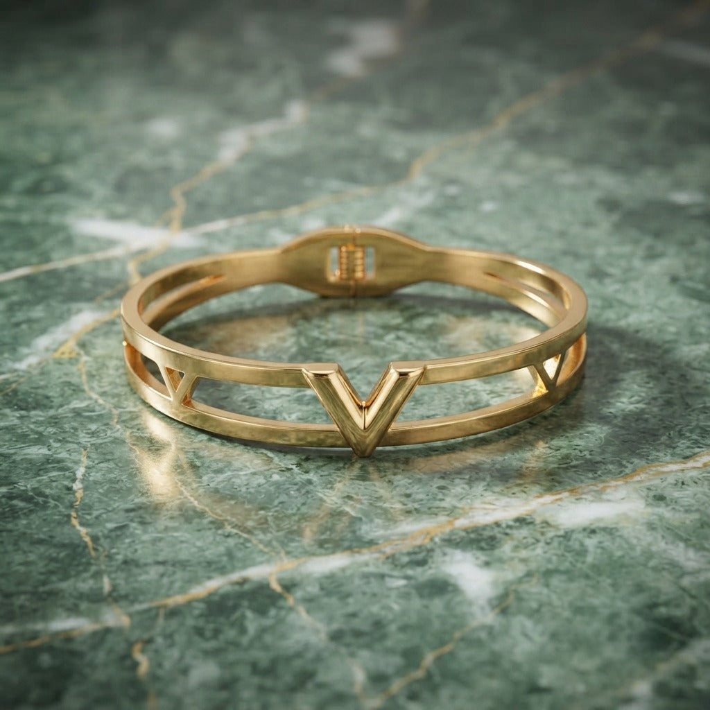 18K Gold Plated V Design Cuff Bracelet for Women | Luxury Open Bangle | Premium Fashion Jewelry