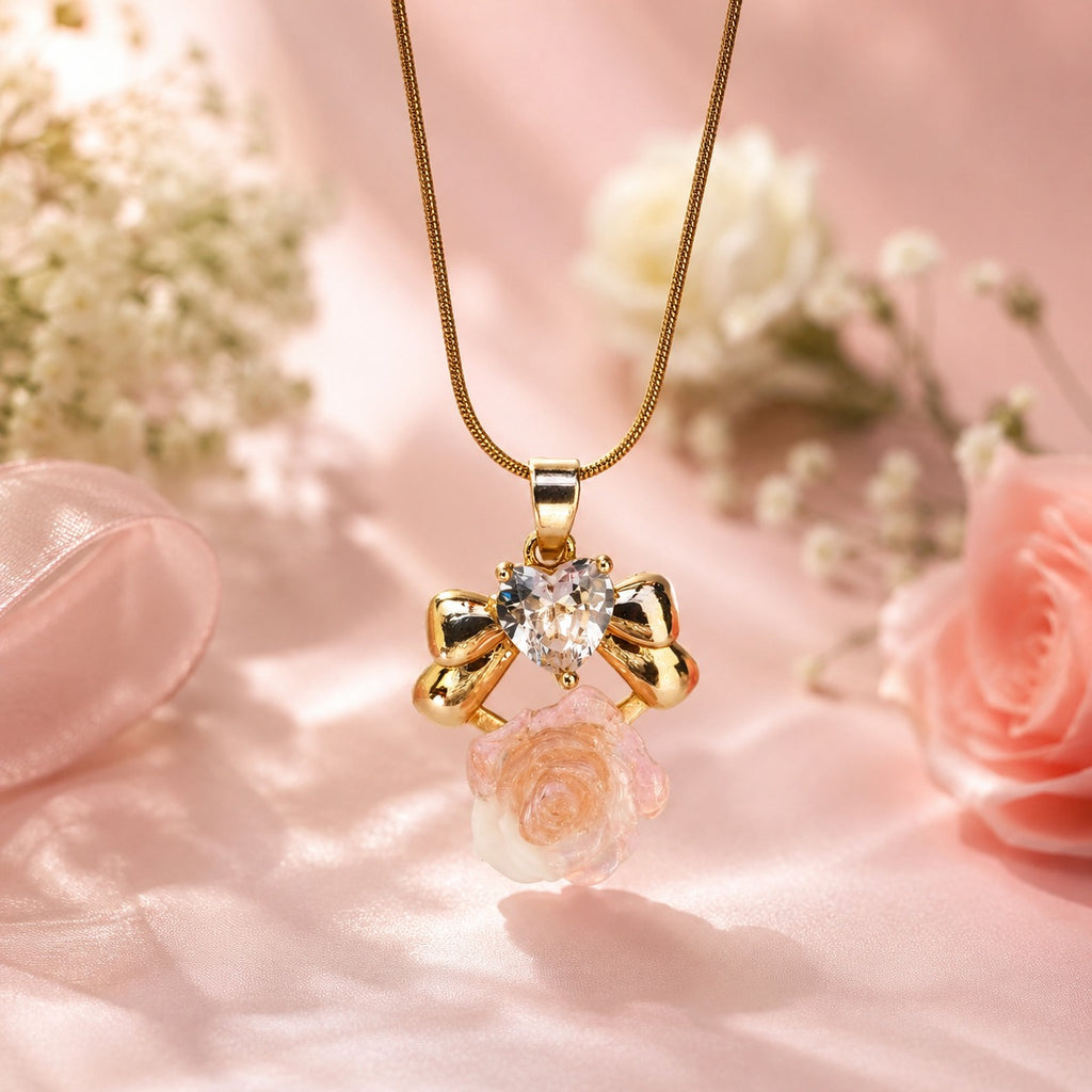 18K Gold Plated Rose Flower Pendant Necklace for Women | Premium Crystal Charm Necklace