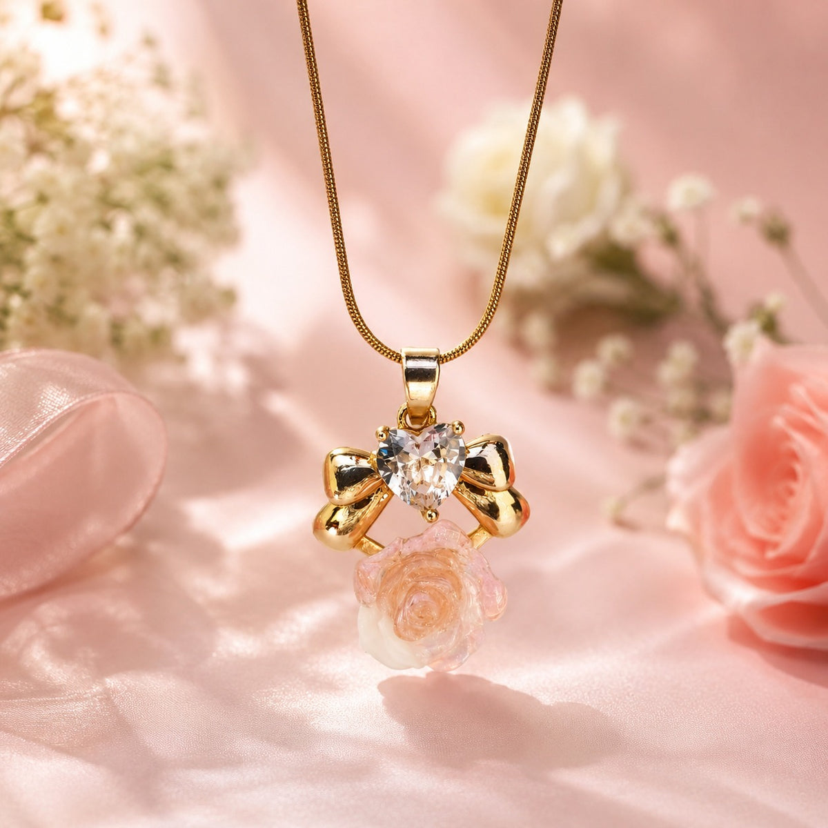 18K Gold Plated Rose Flower Pendant Necklace for Women | Premium Crystal Charm Necklace