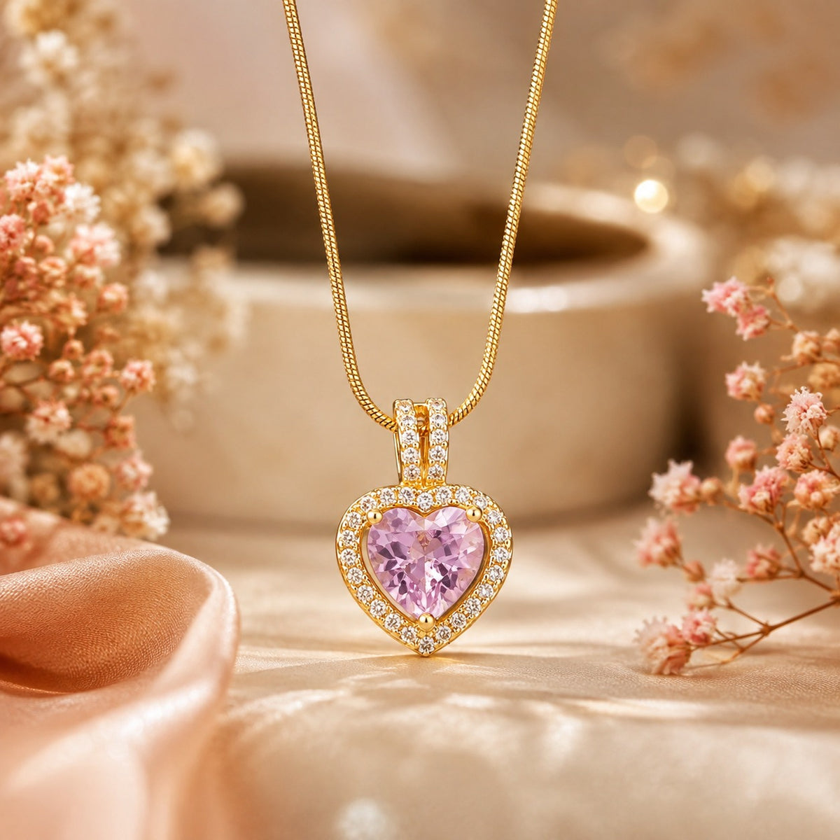 18K Gold Plated Pink Heart Crystal Pendant Necklace for Women