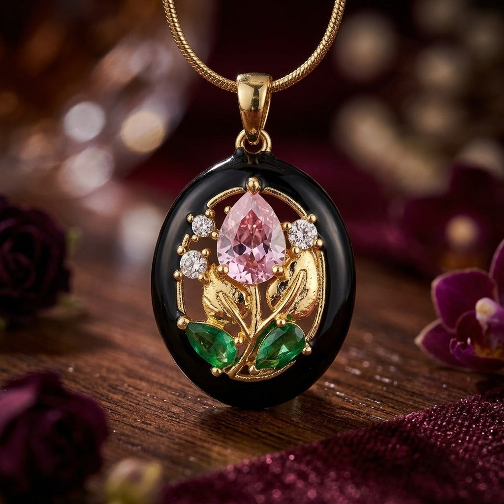 Elegant Demifine Floral Crystal Pendant Necklace for Women | 18K Gold Plated Oval Flower Charm