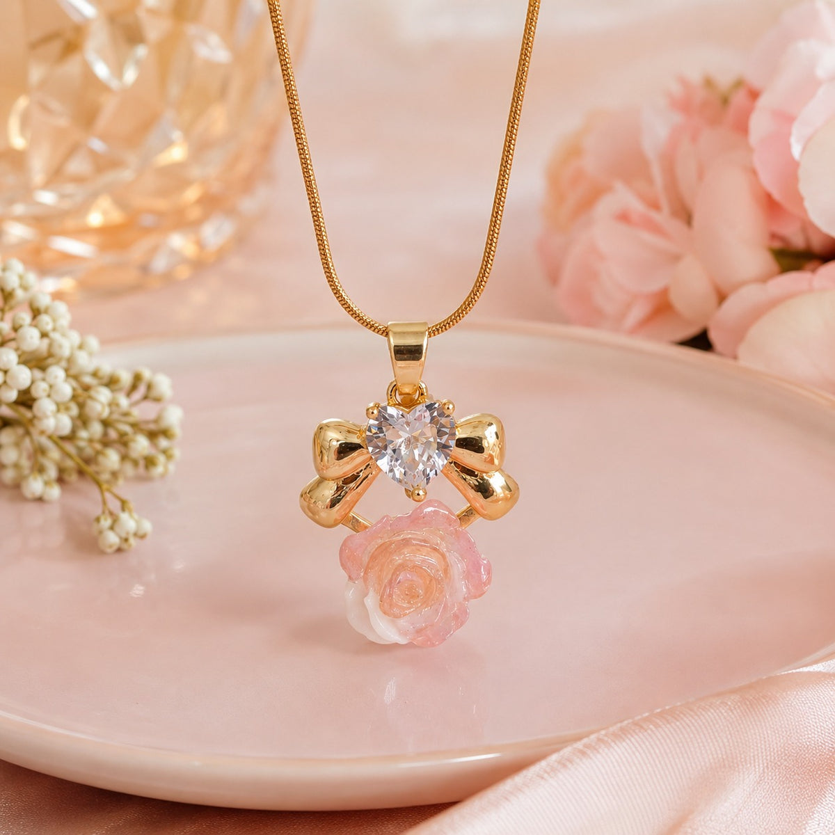 18K Gold Plated Rose Flower Pendant Necklace for Women | Premium Crystal Charm Necklace