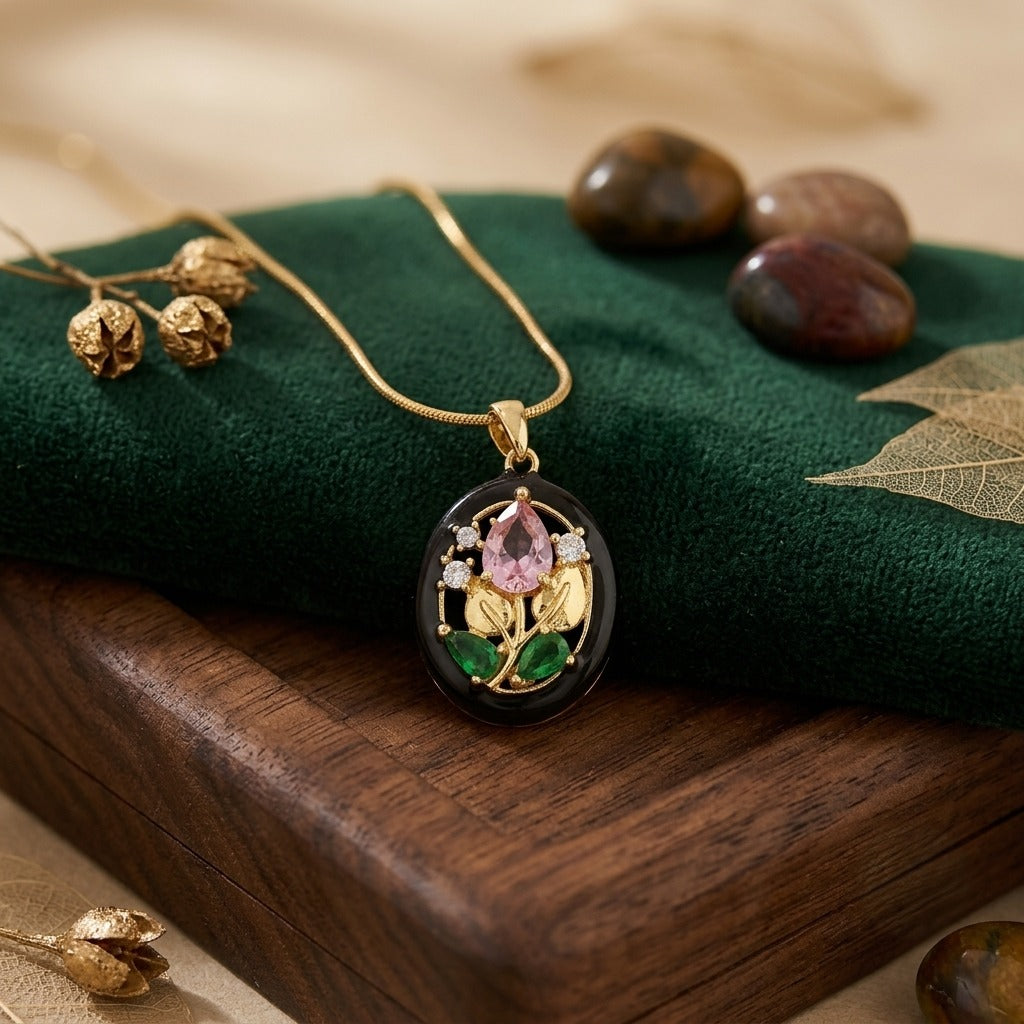 Elegant Demifine Floral Crystal Pendant Necklace for Women | 18K Gold Plated Oval Flower Charm