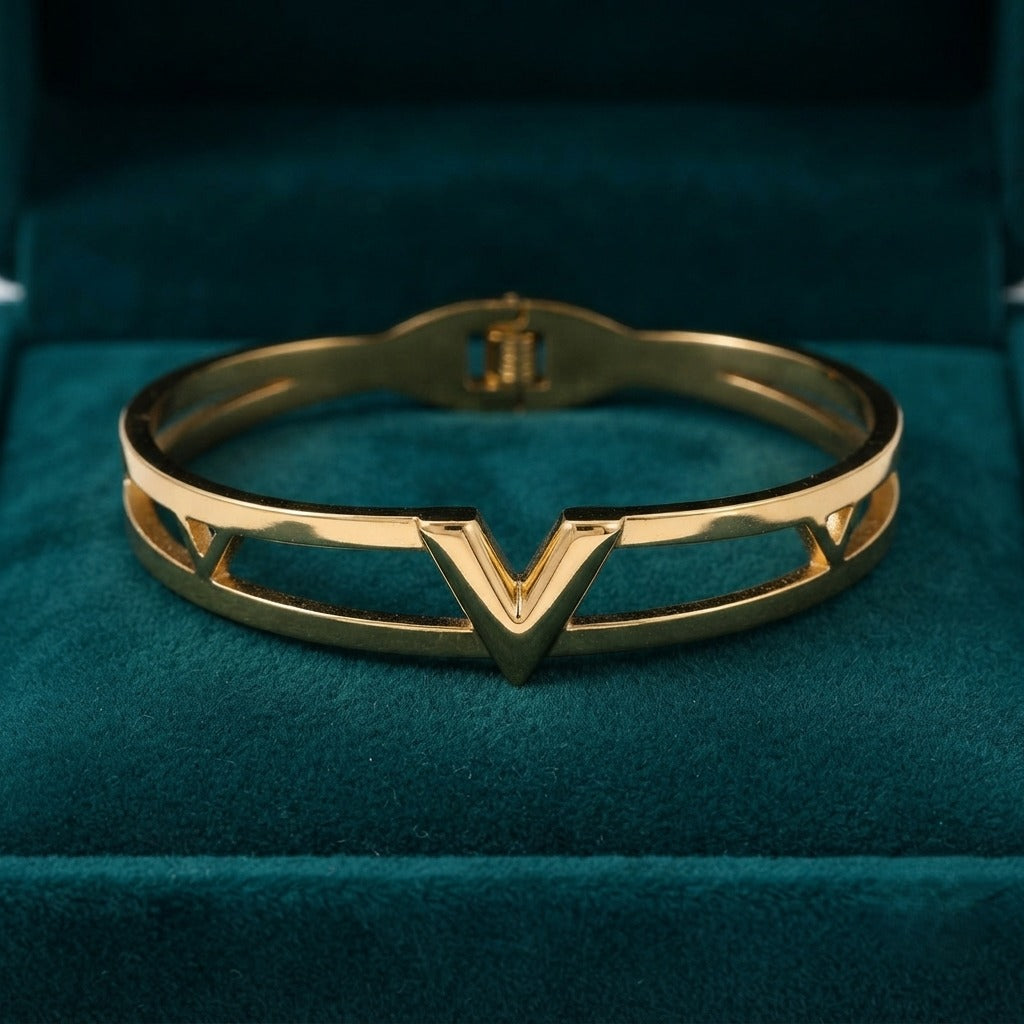 18K Gold Plated V Design Cuff Bracelet for Women | Luxury Open Bangle | Premium Fashion Jewelry