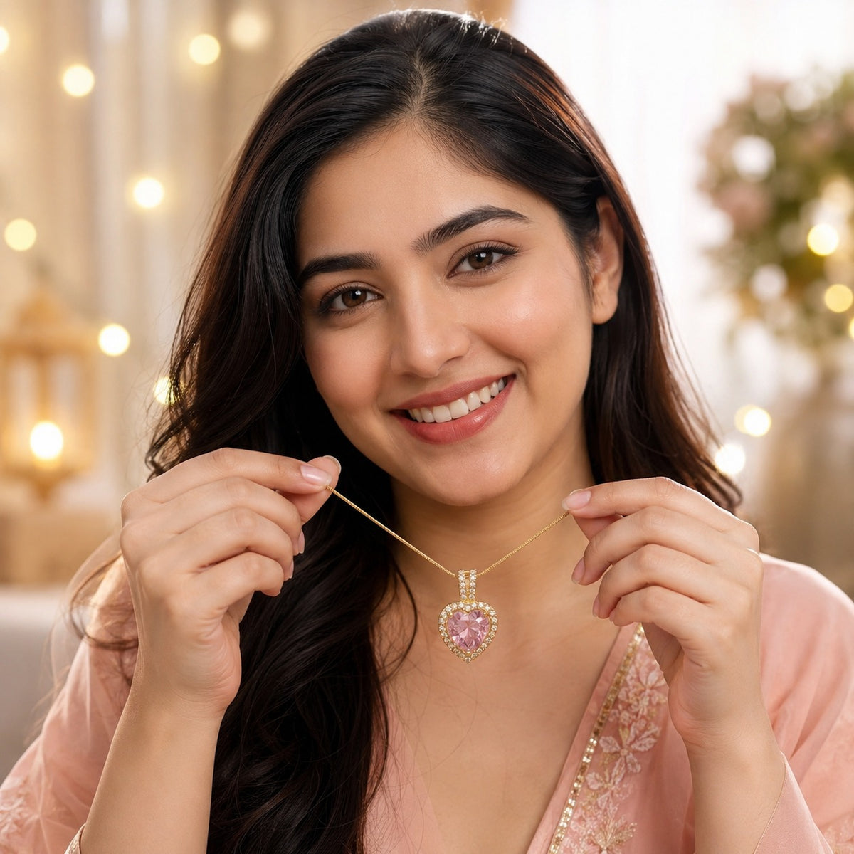 18K Gold Plated Pink Heart Crystal Pendant Necklace for Women