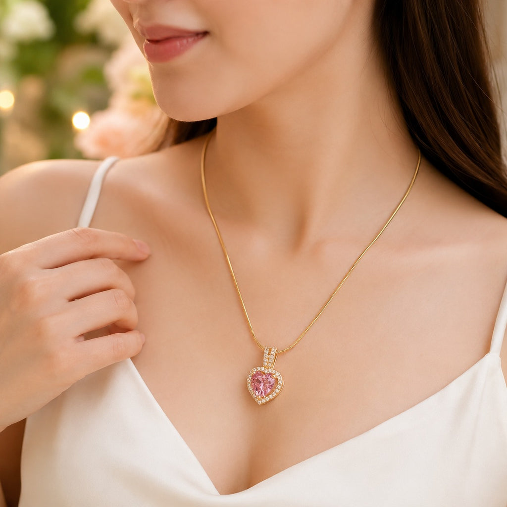 18K Gold Plated Pink Heart Crystal Pendant Necklace for Women