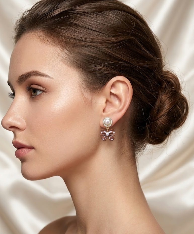 Pearl Korean Bow Drop Earrings for Women | Cute Brown Bow Dangle Earrings