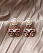 Pearl Korean Bow Drop Earrings for Women | Cute Brown Bow Dangle Earrings