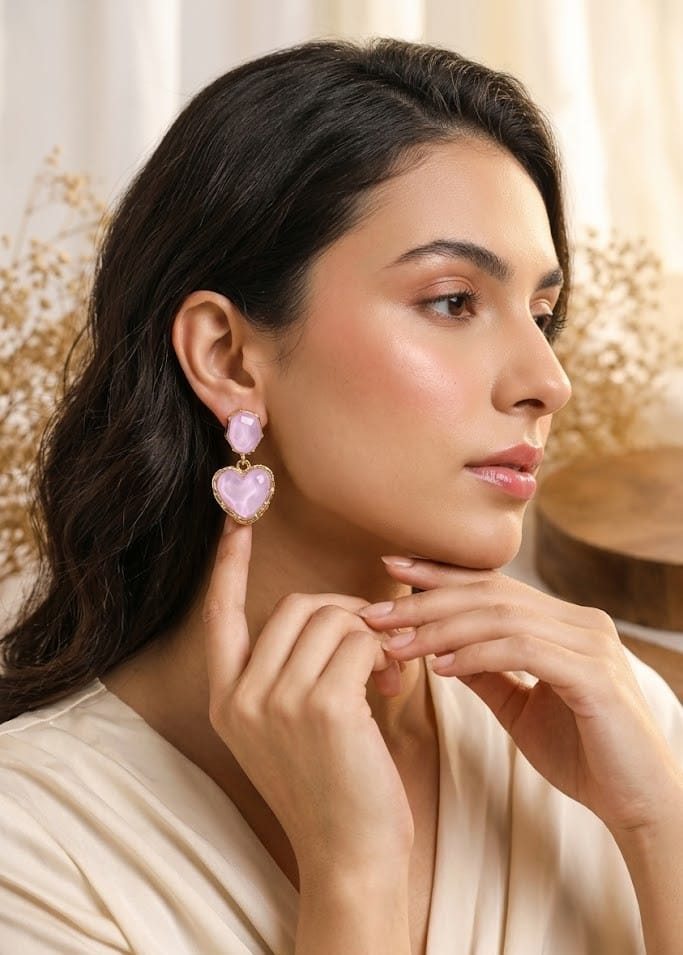 Korean Pink Heart Drop Earrings | Elegant Statement Earrings for Women & Girls