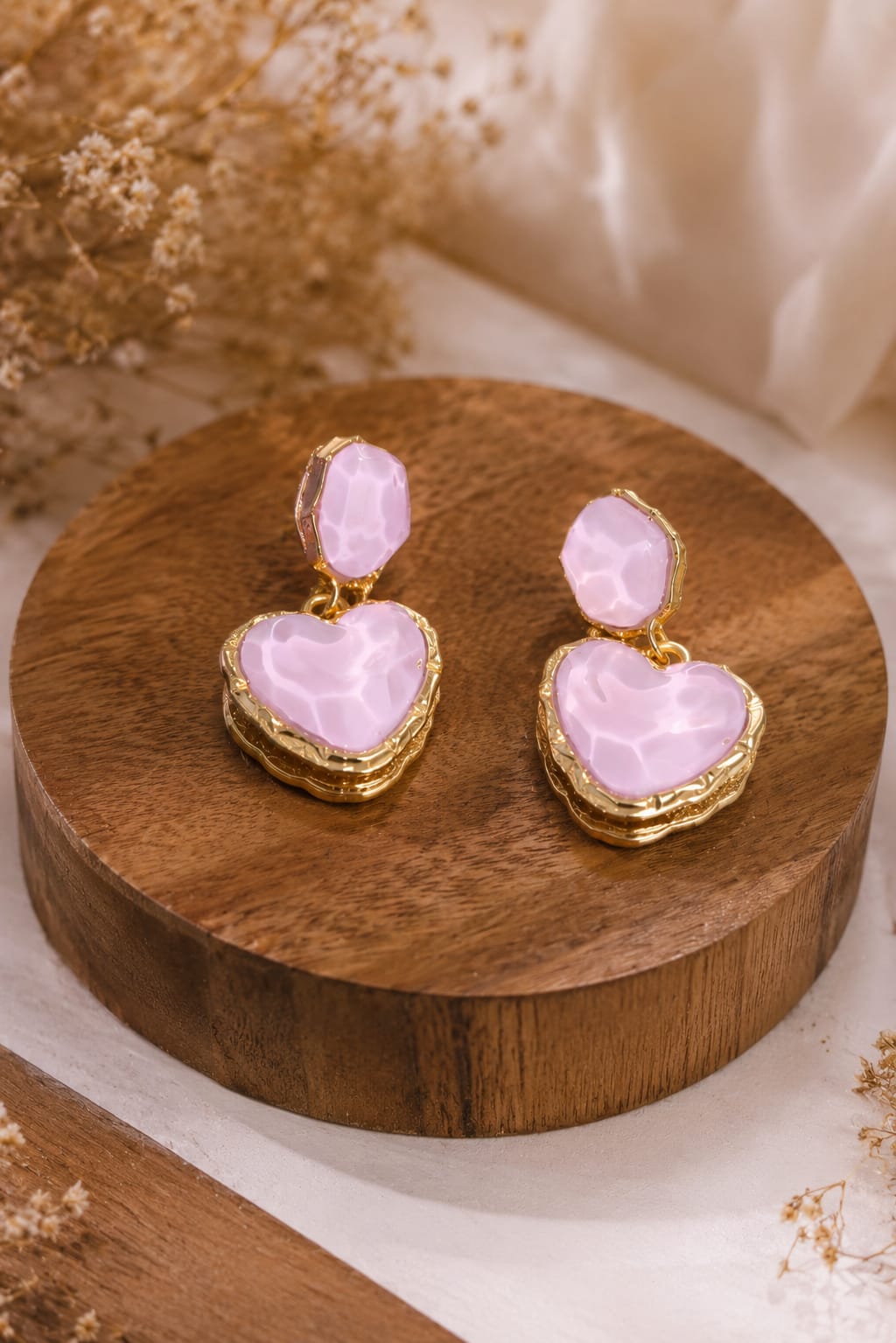 Korean Pink Heart Drop Earrings | Elegant Statement Earrings for Women & Girls