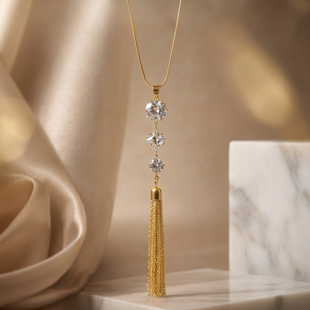 Gold Plated Crystal Tassel Pendant Ethnic Necklace for Women | Elegant Long Pendant Chain |