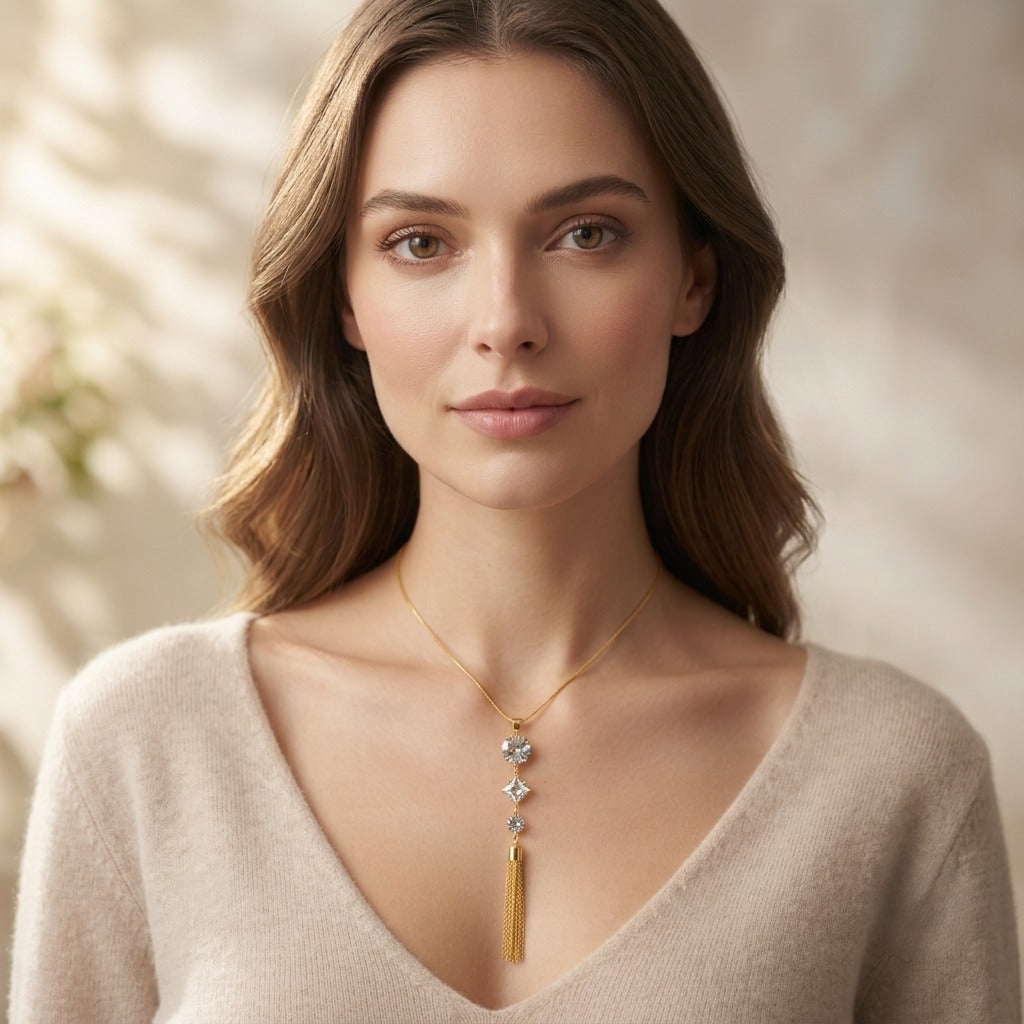 Gold Plated Crystal Tassel Pendant Ethnic Necklace for Women | Elegant Long Pendant Chain |