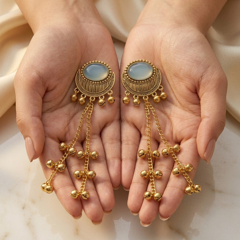 Gold Plated Ethnic Chandbali Dangler Earrings for Women | Traditional Beaded Long Drop Earrings