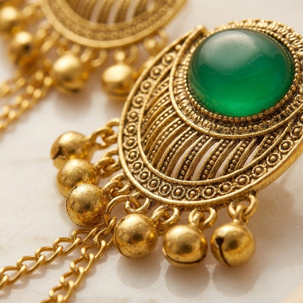 Emerald Green Ethnic Long Dangle Earrings | Gold-Tone Traditional Statement Earrings