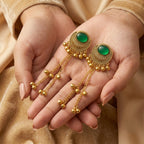 Emerald Green Ethnic Long Dangle Earrings | Gold-Tone Traditional Statement Earrings