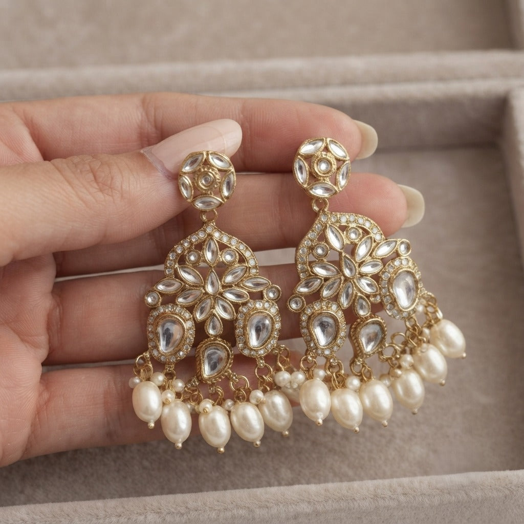 Ethnic Gold Plated Kundan Pearl Chandbali Earrings for Women | Traditional Bridal & Festive Earrings
