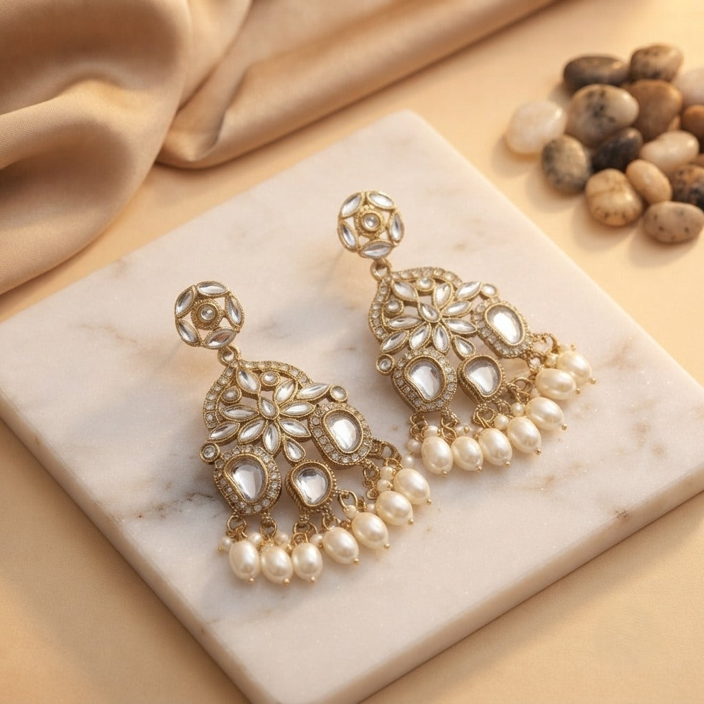 Ethnic Gold Plated Kundan Pearl Chandbali Earrings for Women | Traditional Bridal & Festive Earrings