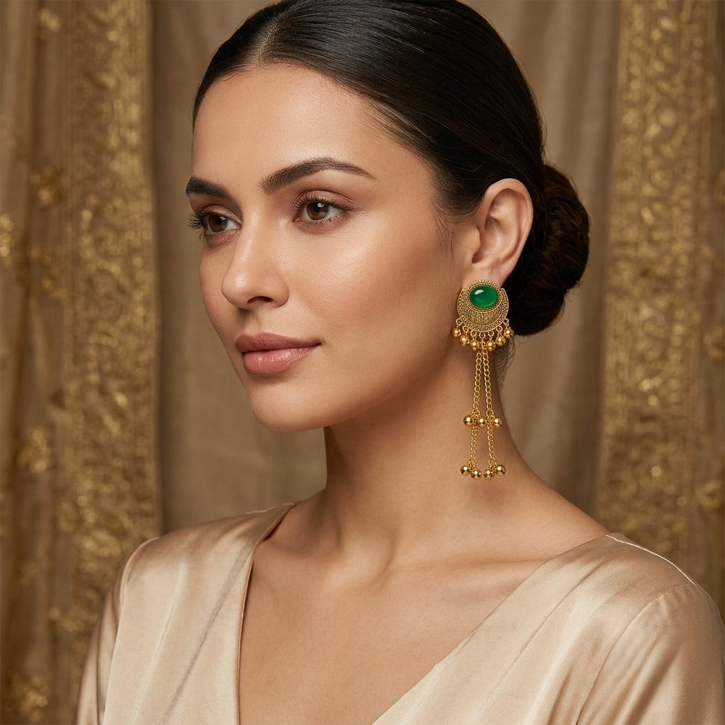 Emerald Green Ethnic Long Dangle Earrings | Gold-Tone Traditional Statement Earrings