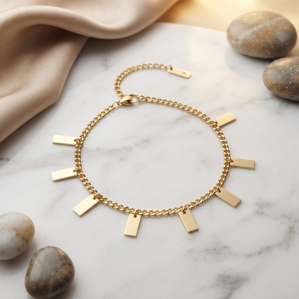Gold Plated Rectangle Charm Anklet | Elegant Link Chain Ankle Bracelet for Women