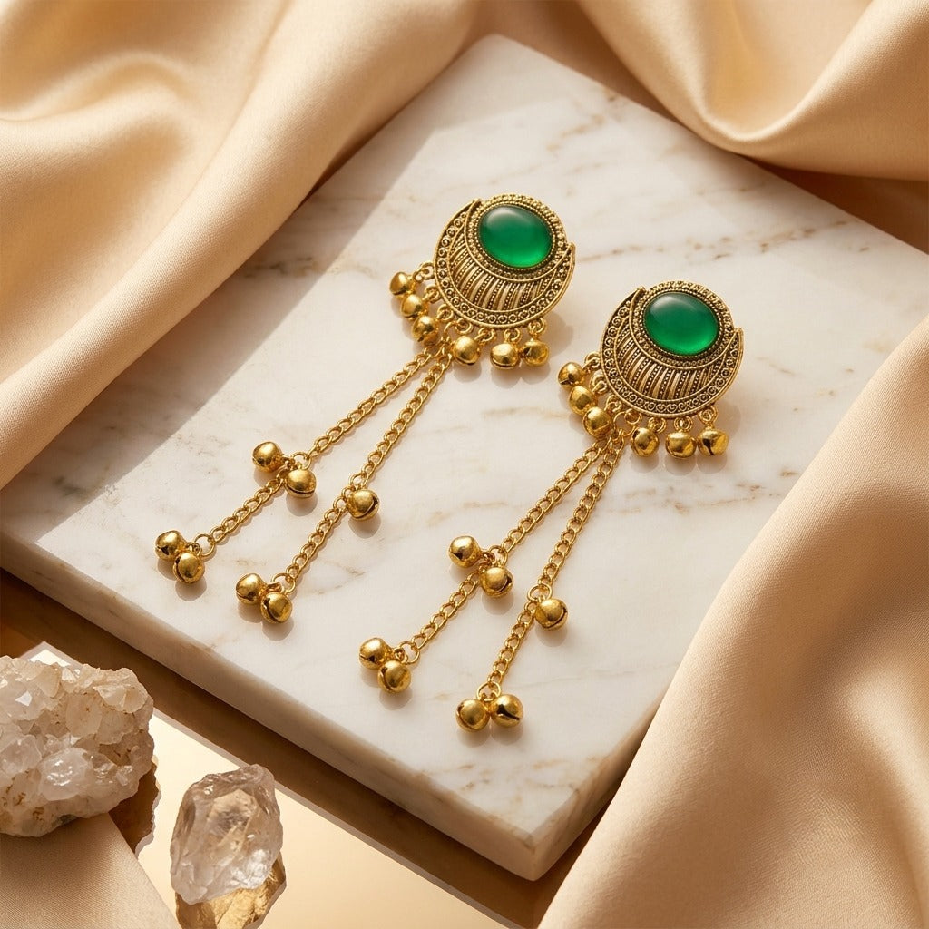 Emerald Green Ethnic Long Dangle Earrings | Gold-Tone Traditional Statement Earrings