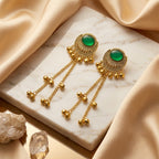 Emerald Green Ethnic Long Dangle Earrings | Gold-Tone Traditional Statement Earrings
