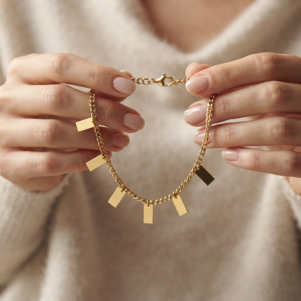 Gold Plated Rectangle Charm Anklet | Elegant Link Chain Ankle Bracelet for Women